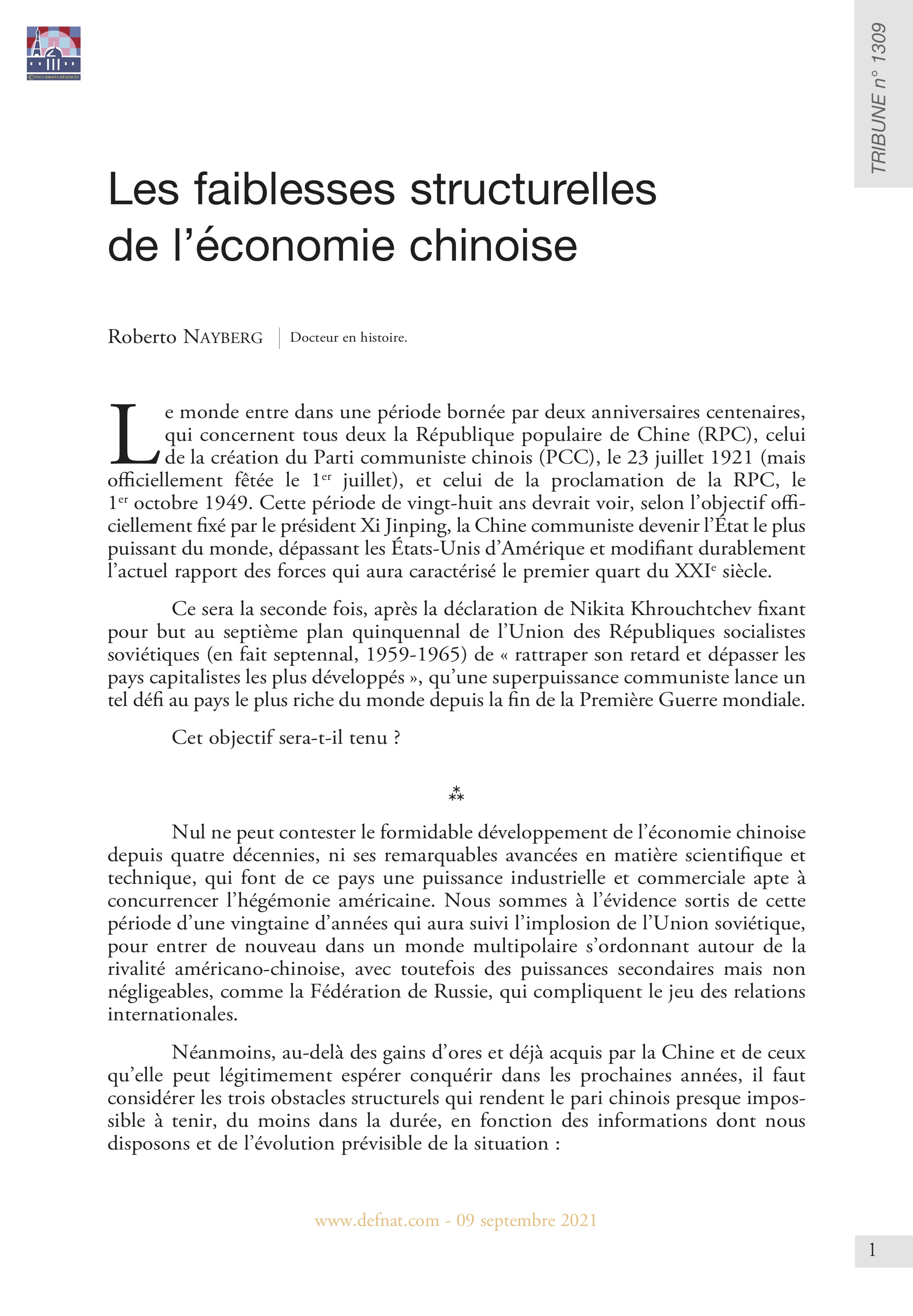 Les faiblesses structurelles de l’économie chinoise (T 1309)
